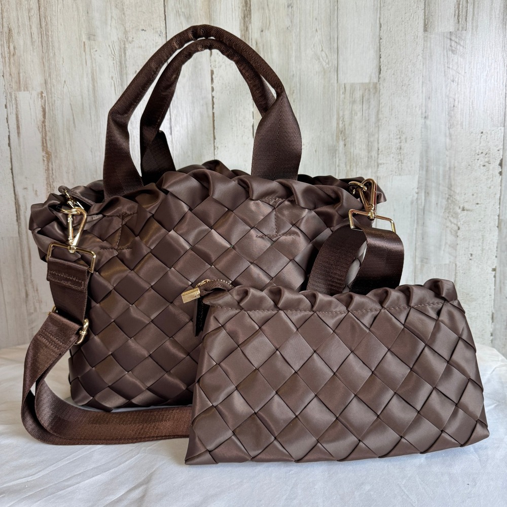 Ahdorned Lily Med Crossbody Tote Pouch Set Chocolate Brown Satin Basket Weave